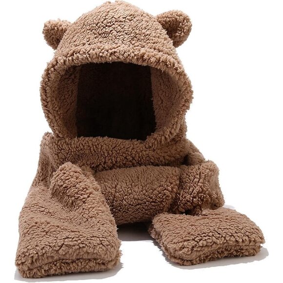 Accessories - Unisex Brown Winter Bear Ear Sherpa Hood Hat Scarf Gloves 3 in1 100% Polyester